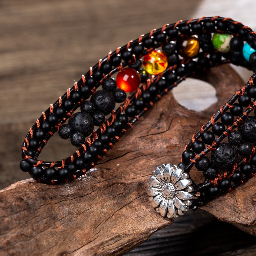 Volcanic Lava Stone Seven Chakra Meditation Bracelet Frosted Agate Handmade Beads