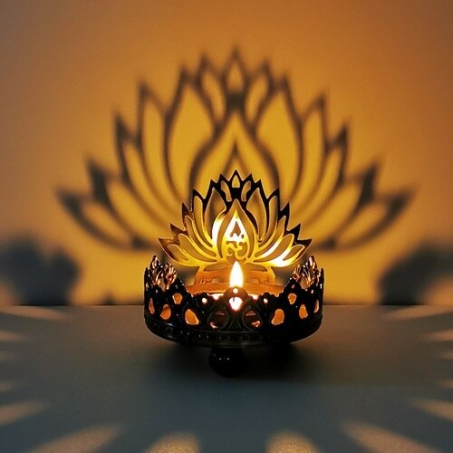 Art Buddha Candlestick Butter Oil Lamp Buddha Sitting on Lotus Feature Art Hollow Metal Candle Holder Carving Light and Shadow